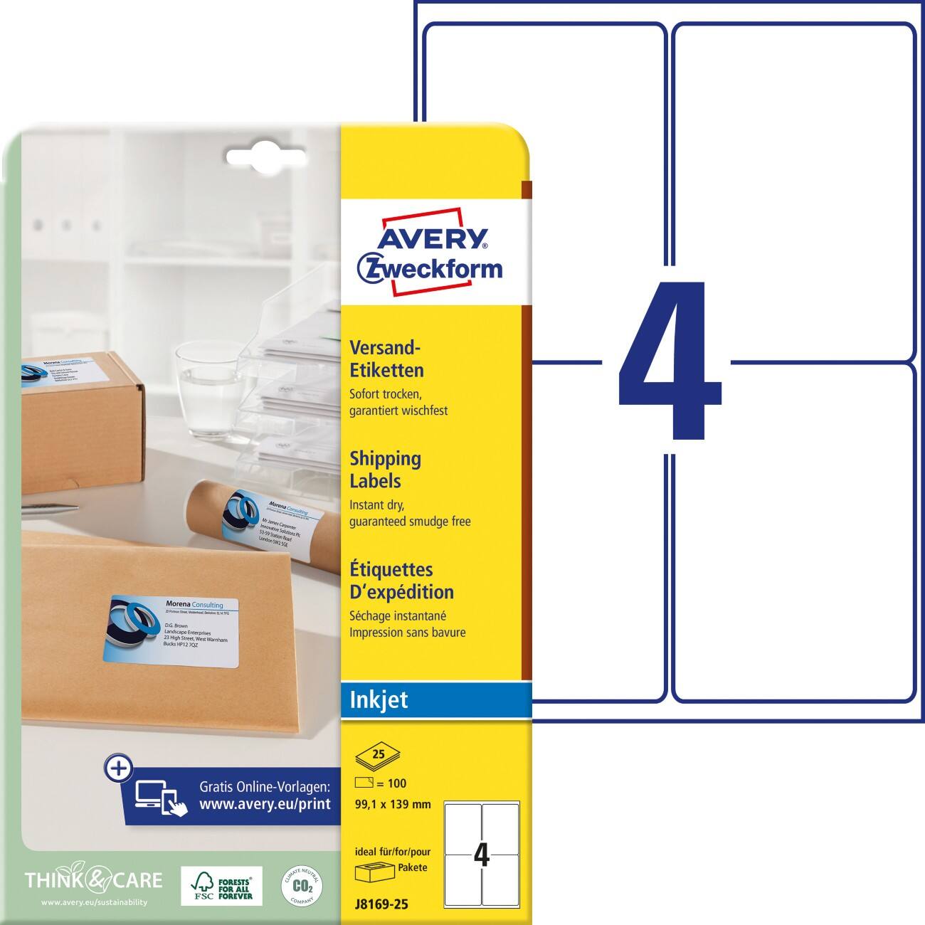 AVERY Zweckform Label 4317570 Adhesive A4 White 99.1 x 139 mm 25 Sheets of 4 Labels