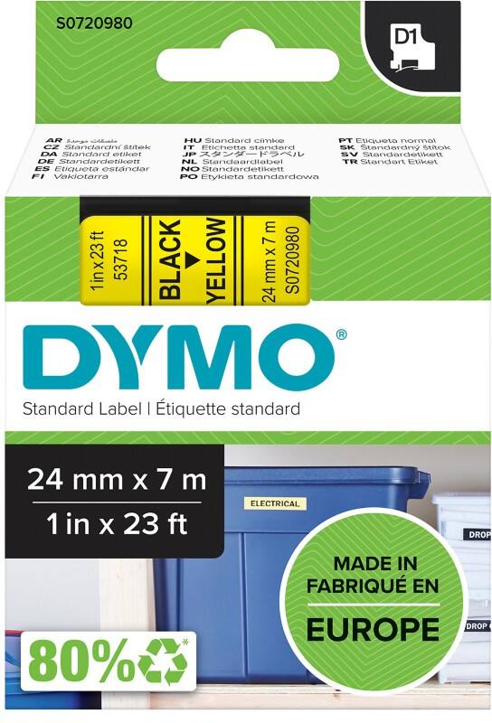 Dymo D1 S0720980 / 53718 Authentic Label Tape Self Adhesive Black Print on Yellow 24 mm x 7m