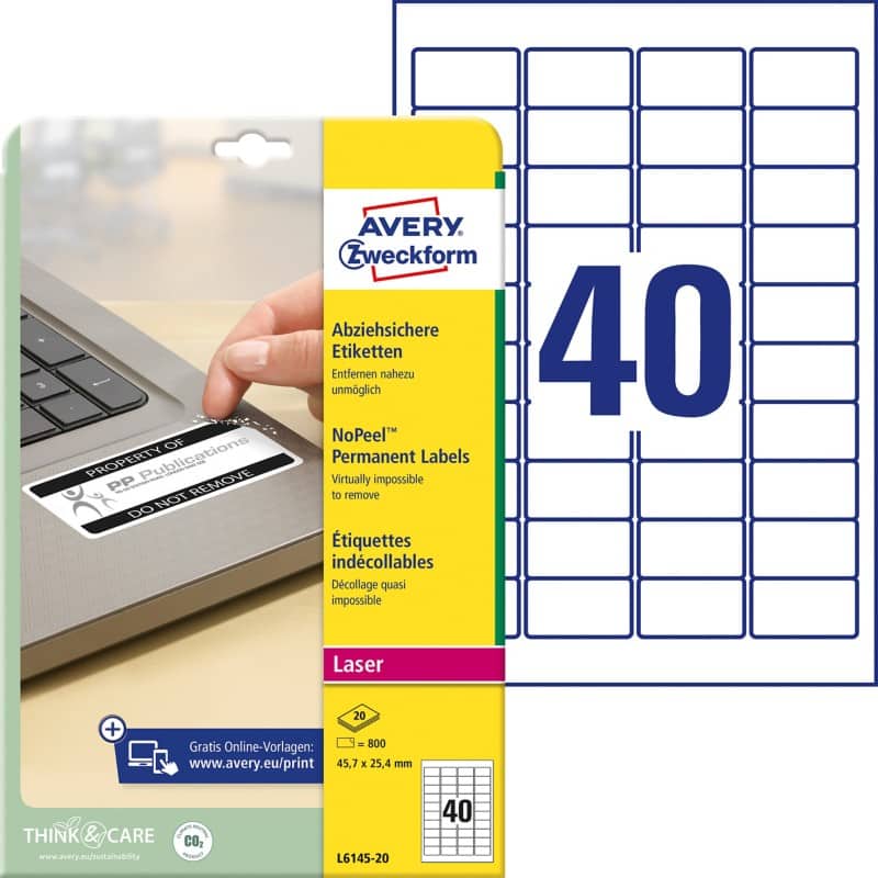 Avery NoPeel Permanent Labels Self Adhesive 45.7 x 25.4 mm White Rectangular 20 Sheets of 40 Labels