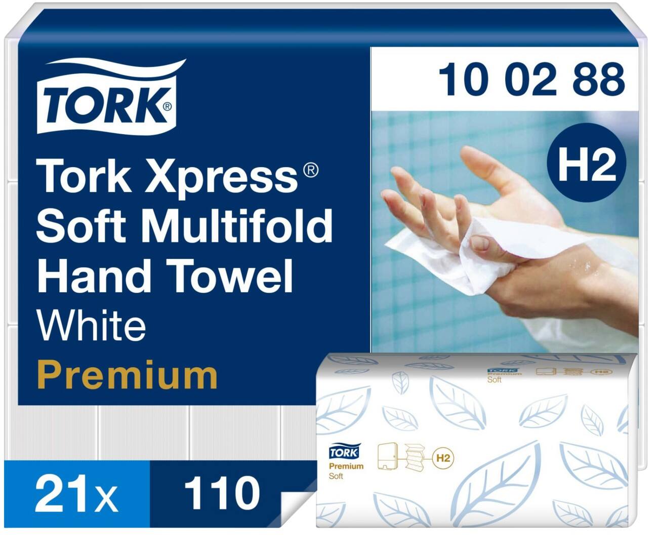 Tork Folded Hand Towels H2 Xpress Premium 2 Ply M-fold White 110 Sheets Pack of 21