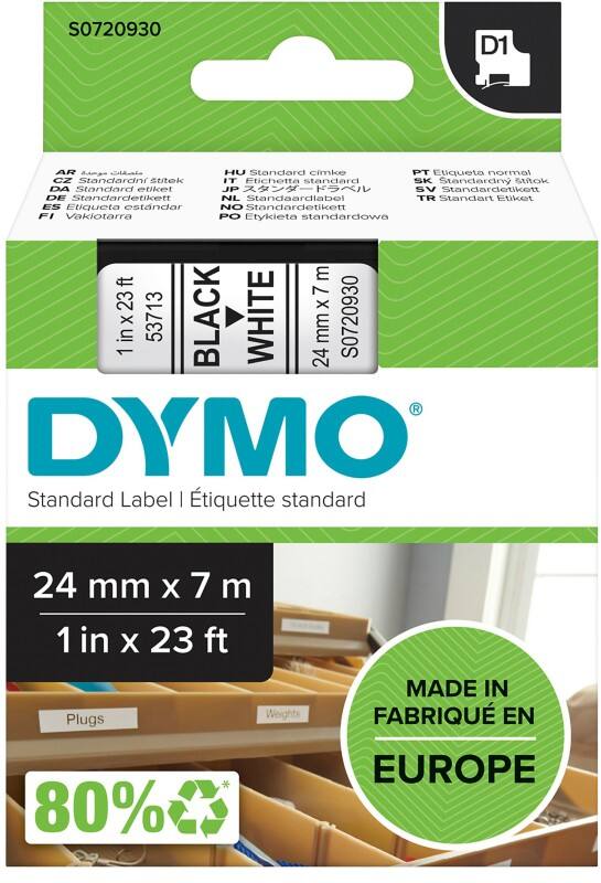Dymo D1 S0720930 / 53713 Authentic Label Tape Self Adhesive Black Print on White 24 mm x 7m