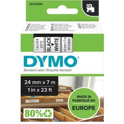 Dymo D1 S0720930 / 53713 Authentic Label Tape Self Adhesive Black Print on White 24 mm x 7m