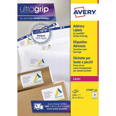 Avery L7160-100 Address Labels Self Adhesive 63.5 x 38.1 mm White 100 Sheets of 21 Labels