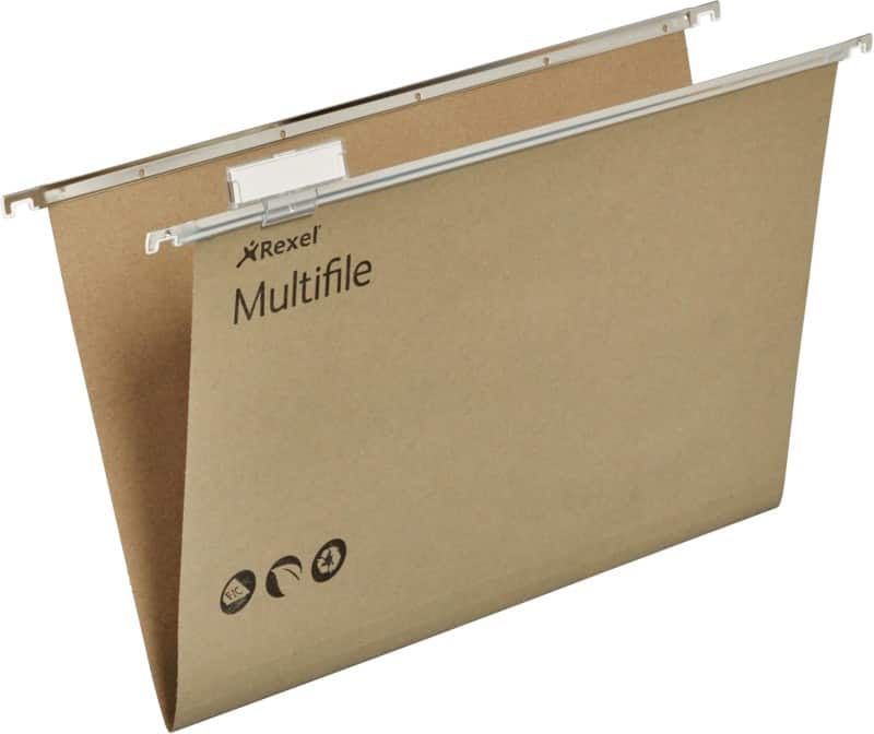 Rexel Multifile Vertical Suspension File 78008 Foolscap V Base 15 mm 180 gsm Beige 100% Recycled Manilla Pack of 50