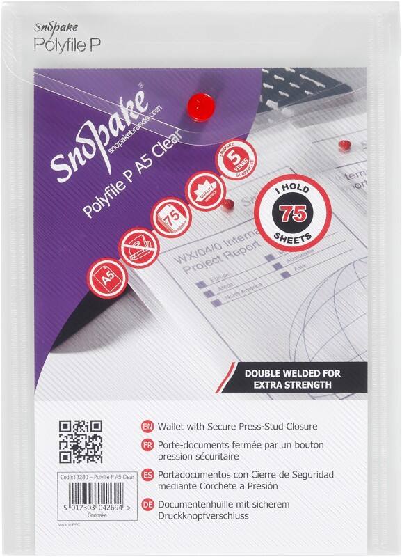 Snopake Document Wallet 13280 A5 PP (Polypropylene) 18 (W) x 22 (H) cm Transparent Pack of 5