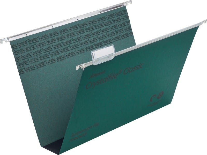 Rexel Crystalfile Classic Vertical Suspension File 71750 Foolscap U Base 50 mm 230 gsm Green 100% Recycled Manilla Pack of 50