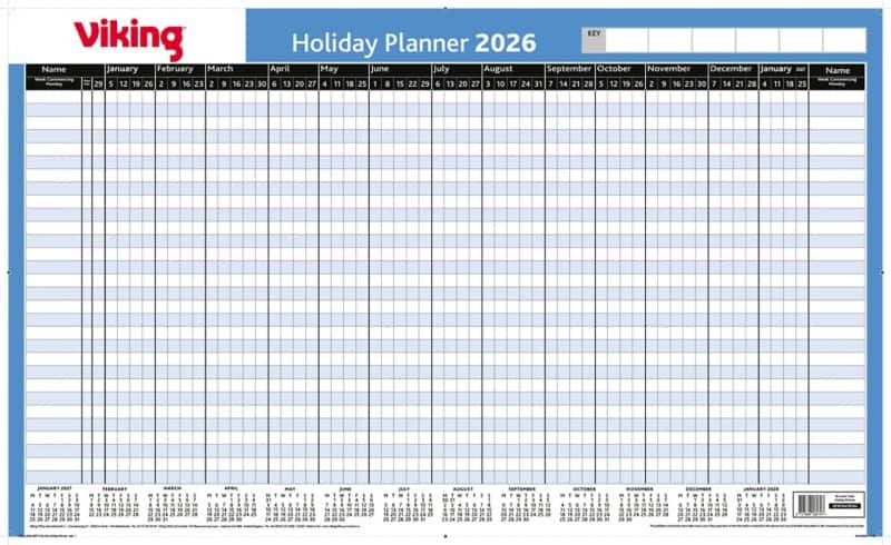 Viking Holiday Unmounted Annual Planner 2026 Yearly English 74.8 (W) x 48.3 (H) cm Blue