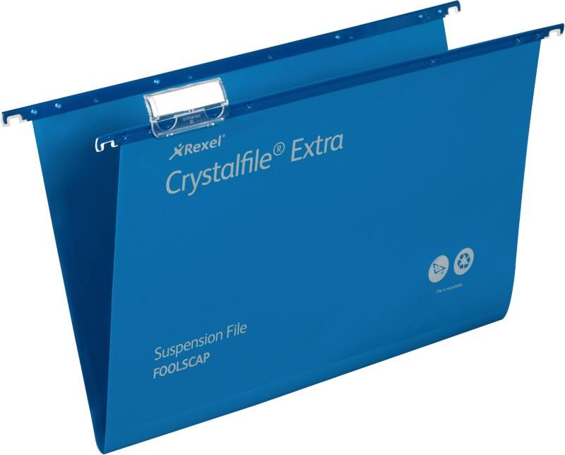 Rexel Crystalfile Heavy Duty Vertical Suspension File 70630 Foolscap V Base 15 mm Blue Polypropylene Pack of 25