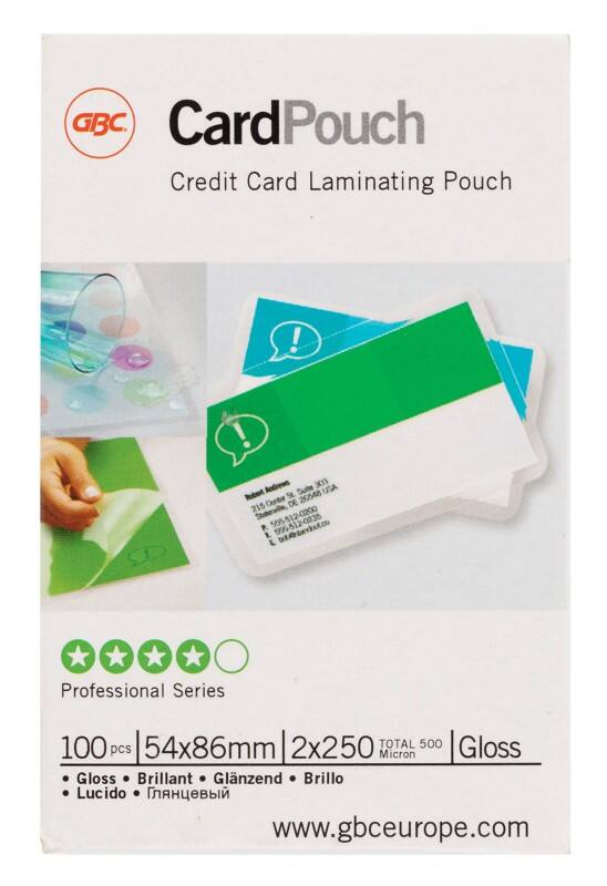 GBC Card Laminating Pouches Business Card & Credit Card Glossy 250 (2 x 250 microns) Transparent Pack of 100
