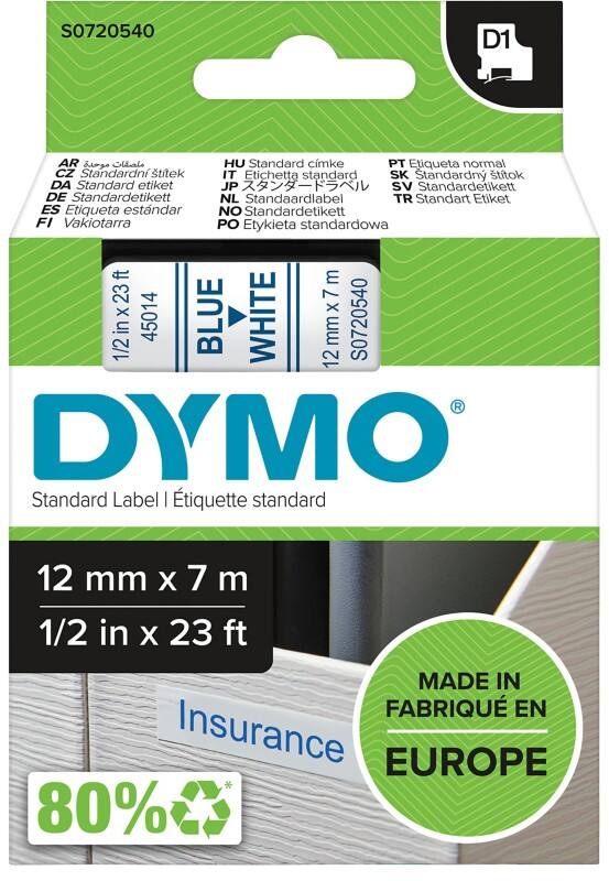 DYMO D1 Labelling Tape Authentic 45014 S0720540 Adhesive Blue on White 12 mm x 7 m