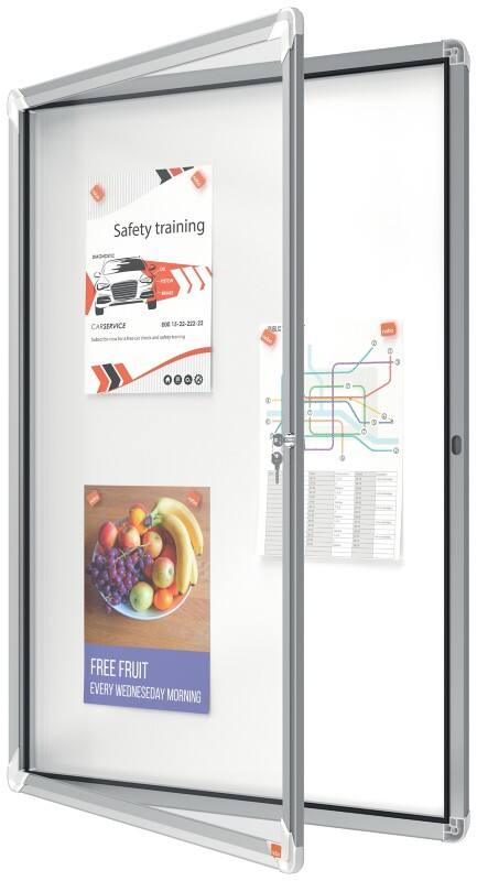Nobo Premium Plus Wall Mountable Indoor Magnetic Lockable Notice Board 1902560 Aluminium Frame Hinged Safety Glass Door 9xA4 White 709 x 970 mm