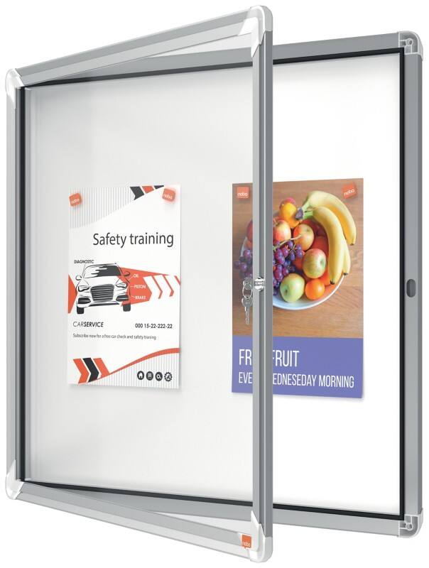 Nobo Premium Plus Wall Mountable Indoor Magnetic Lockable Notice Board 1902558 Aluminium Frame Hinged Safety Glass Door 6xA4 White 709 x 668 mm