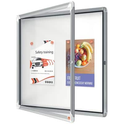 Nobo Premium Plus Wall Mountable Indoor Magnetic Lockable Notice Board 1902558 Aluminium Frame Hinged Safety Glass Door 6xA4 White 709 x 668 mm