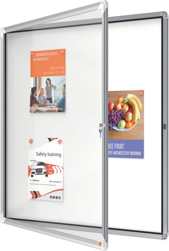 Nobo Premium Plus Wall Mountable Outdoor Magnetic Lockable Notice Board 1902581 Aluminium Frame Hinged Safety Glass Door 12 x A4 White 924 x 970 mm