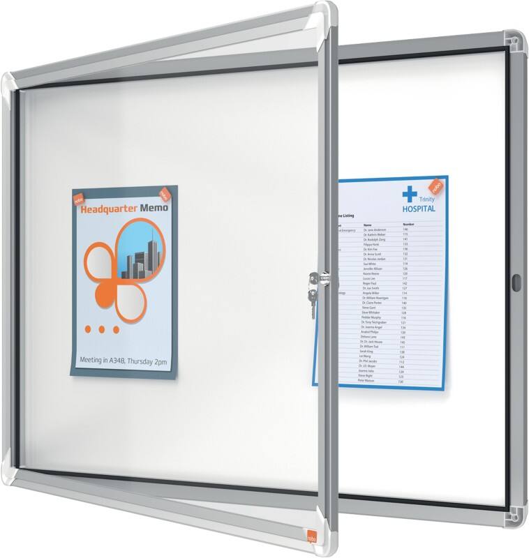 Nobo Premium Plus Wall Mountable Outdoor Magnetic Lockable Notice Board 1902579 Aluminium Frame Hinged Safety Glass Door 8 x A4 White 924 x 668 mm