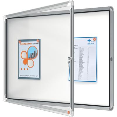 Nobo Premium Plus Wall Mountable Outdoor Magnetic Lockable Notice Board 1902579 Aluminium Frame Hinged Safety Glass Door 8 x A4 White 924 x 668 mm