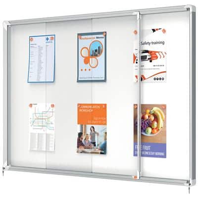Nobo Premium Plus Wall Mountable Indoor Magnetic Lockable Notice Board 1902571 Aluminium Frame Sliding Safety Glass Door 18xA4 White 1355 x 970 mm