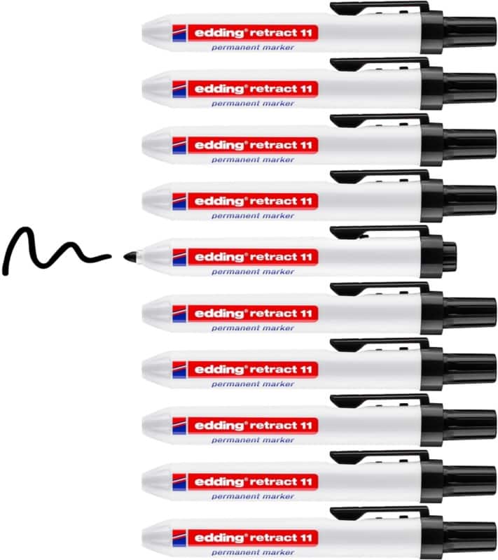 edding Retract 11 Permanent Marker Medium Bullet  -   Black Refillable Water-Resistant Pack of 10