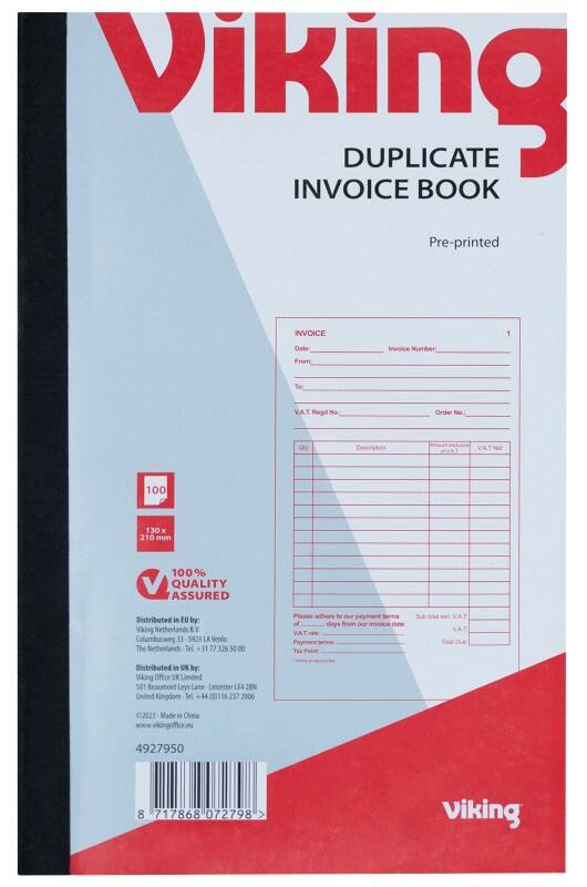 Viking Duplicate Invoice Book Special format Ruled Glued Blue, White Perforated 100 Sheets