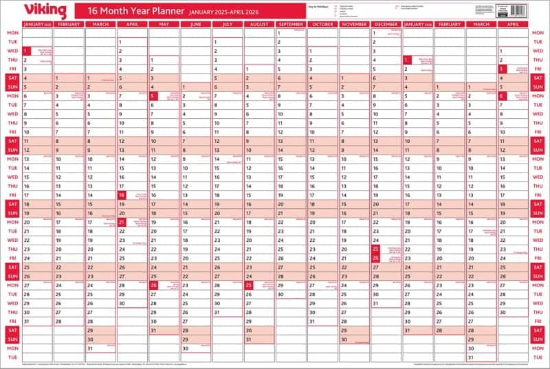 Viking 16 Months Unmounted Year Planner 2025, 2026 English 91 (W) x 61 (H) cm Red