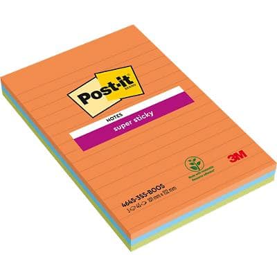 Post-it Super Sticky Large  Notes 101 x 152 mm Assorted Colours Rectangular Ruled 3 Pads of 45 Sheets