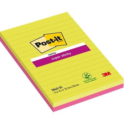 Post-it Super Sticky Notes 203 x 127 mm Assorted Rectangular Ruled 2 Pads of 45 Sheets