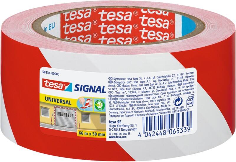 tesa Warning Tape tesasignal Universal Red, White 50 mm (W) x 66 m (L) PP (Polypropylene)