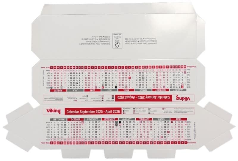 Viking Desk Calendar 2025, 2026 English 28 (W) x 8 (H) cm Red, White