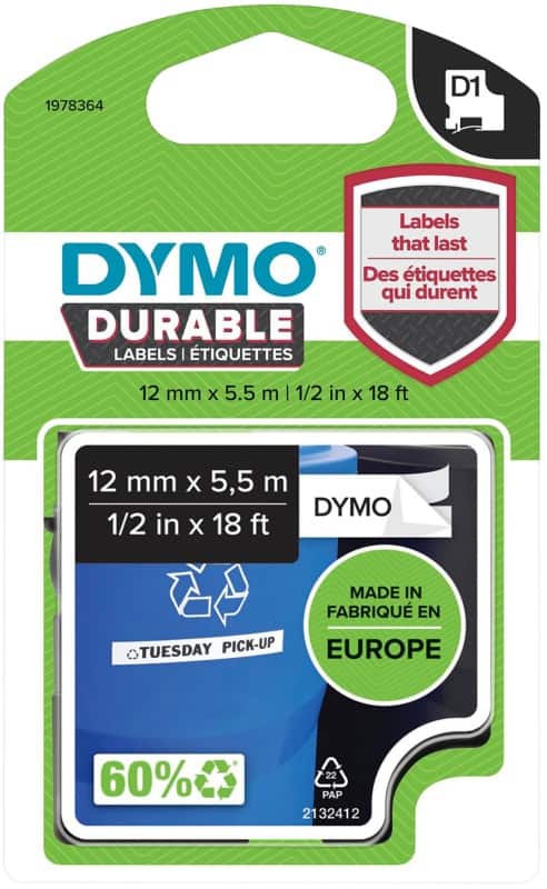 DYMO D1 1978364 Labelling Tape Authentic Adhesive Black on White 12 mm (W) x 5.5 m (L)