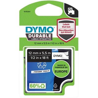 Dymo D1 1978364 Authentic Durable Label Tape Self Adhesive Black Print on White 12 mm x 3m