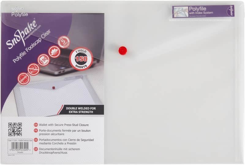 Snopake Polyfile Document Wallet 11154X Foolscap Press Stud PP (Polypropylene) Landscape 35.5 (W) x 24 (H) cm Transparent Pack of 5