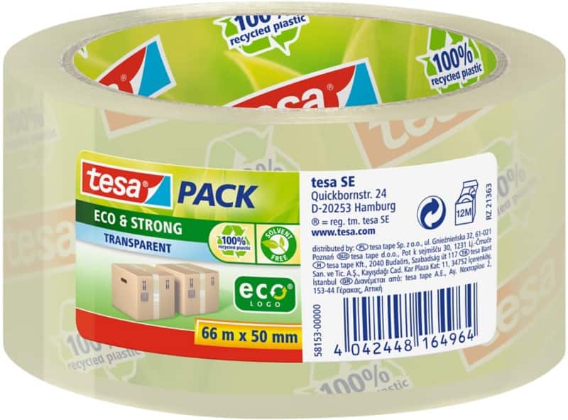tesa Packaging Tape tesapack Eco & Strong Transparent 50 mm (W) x 66 m (L) PP (Polypropylene) 58153