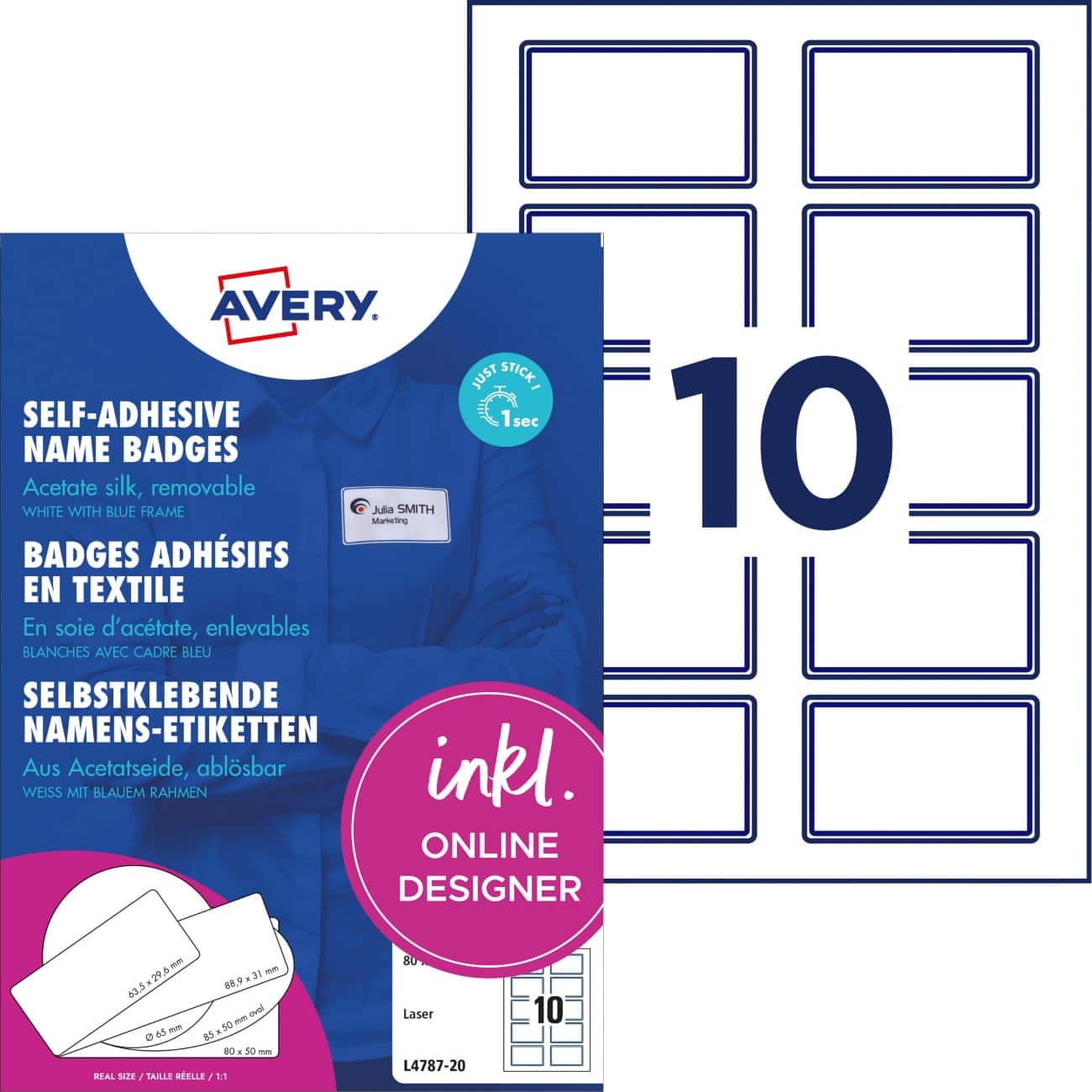 AVERY Zweckform L4787-20 Badge Labels 80 x 50 mm White Blue Rectangular 20 Sheets of 10 Labels