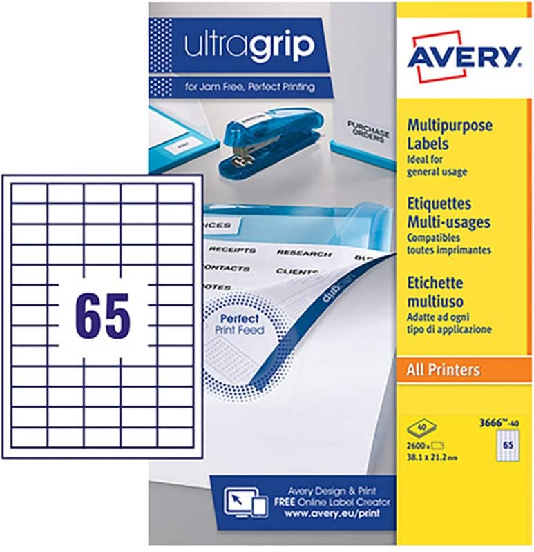 Avery UltraGrip Multipurpose Labels 3666-40 adhesive A4 White 38.1 x 21.2 mm 40 Sheets of 65 Labels
