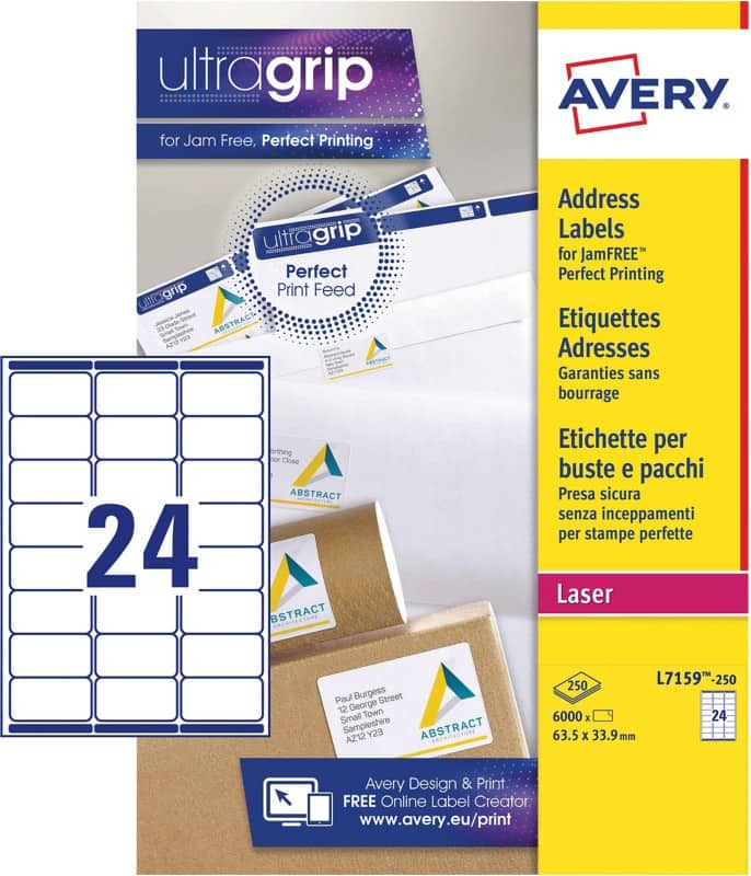 Avery L7159-250 Address Labels Self Adhesive 63.5 x 33.9 mm White 250 Sheets of 24 Labels