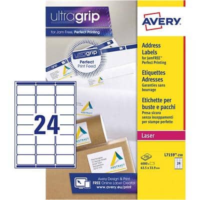 Avery L7159-250 Address Labels Self Adhesive 63.5 x 33.9 mm White 250 Sheets of 24 Labels