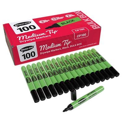 Show-me Slim Barrel Drywipe Pens Medium Black - Pack of 100