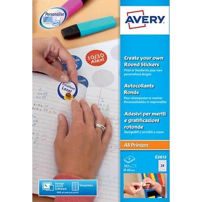 Avery E3613 Round Reward Stickers Self Adhesive 40 mm White 8 Sheets of 24 Labels