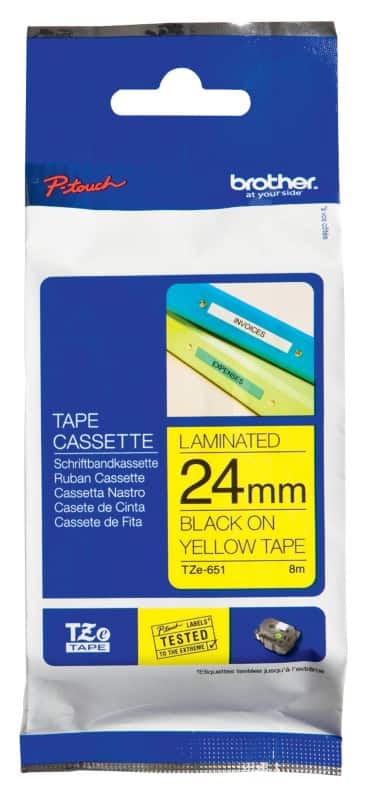 Brother TZe-651 Authentic Label Tape Self Adhesive Black Print on Yellow 24 mm  x 8m