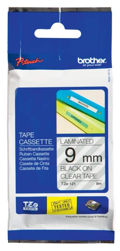 Brother P-Touch Labelling Tape Authentic TZe-121 Adhesive Black on Transparent 9 mm x 8 m