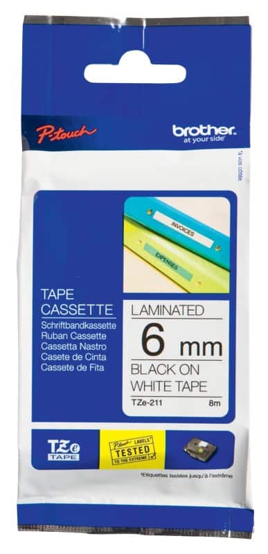 Brother P-touch Labelling Tape Authentic TZe-211 Adhesive Black on White 6 mm x 8 m