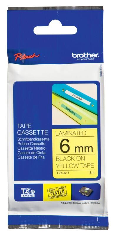 Brother P-Touch TZE611 Label Tape 6 mm x 8 m Black On Yellow