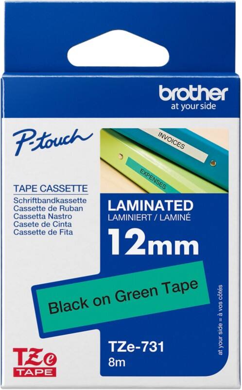 Brother P-Touch Labelling Tape Authentic TZE731 Adhesive Black on Green 12 mm x 8 m
