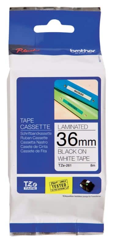 Brother P-touch Labelling Tape Authentic TZe-261 Adhesive Black on White 36 mm x 8 m