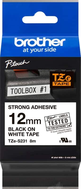 Brother TZES231  Labelling Tape Authentic Adhesive Black on White 12 mm (W) x 8 m (L)