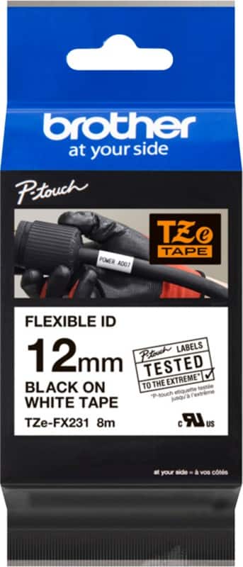 Brother TZEFX231 P-Touch Labelling Tape Authentic Adhesive Black on White 12 mm x 8 m