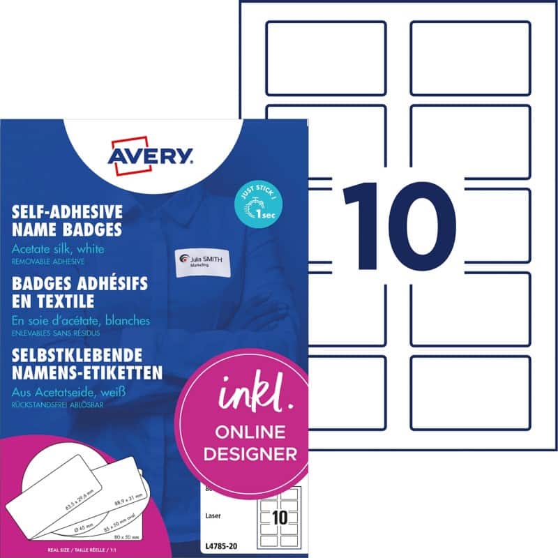 Avery Stick&Lift Name Badge L4785-20 Adhesive A4 White 80 x 50 mm 20 Sheets Pack of 10