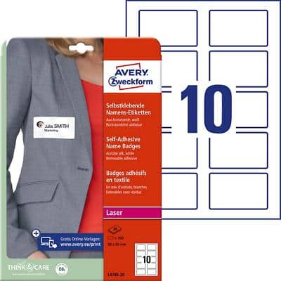 Avery Zweckform Name Badge Labels Removable 80 x 50mm White Pack of 200 (20 Sheets of 10 Labels)