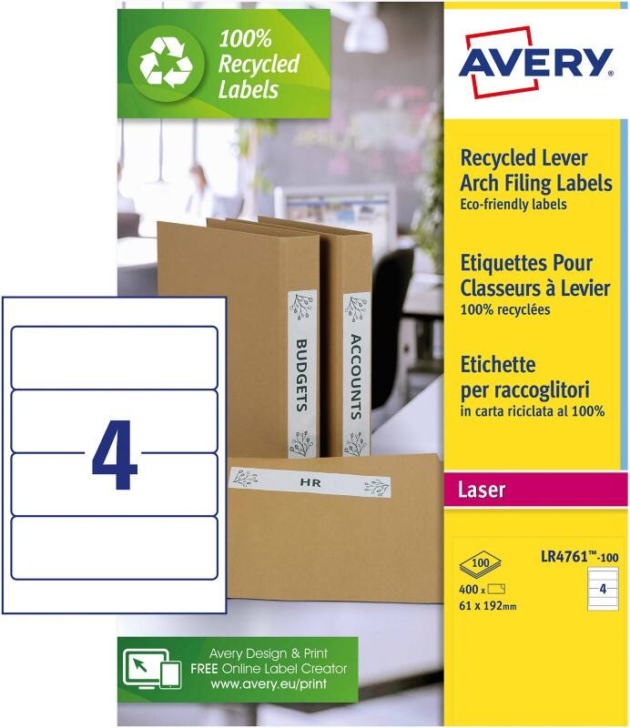 Avery LR4761 Spine Labels for Wide Files White 100 Sheets of 4 Labels