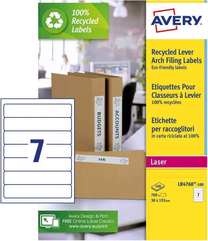 Avery 100% Recycled Spine Labels for Narrow Files LR4760 White 100 Sheets of 7 Labels
